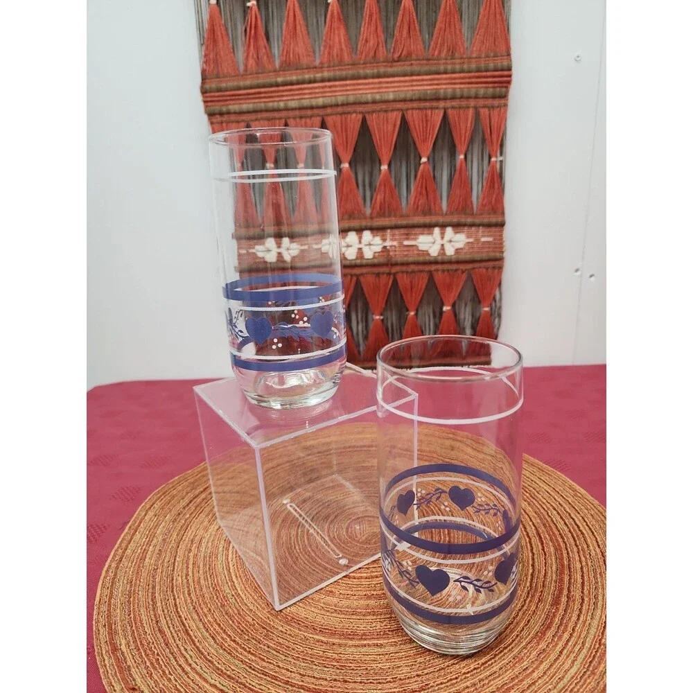 Vintage Libbey Blue County Hearts 16 Oz Tumblers Set Of 2 Cottagecore Grannycore